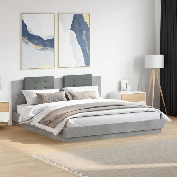 Estrutura cama c/ cabeceira/luzes LED 200x200 cm cinza cimento