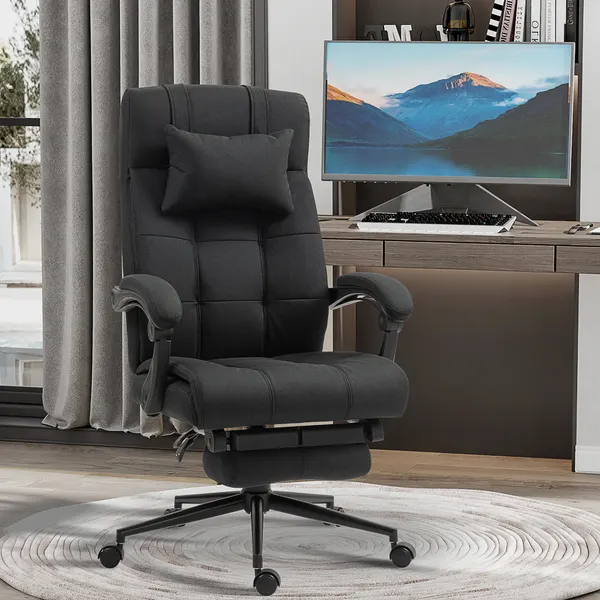 Silla de oficina Reclinable Giratoria Estofada en Tela Tipo Linho Altura ajustable con apoyo a Pés Encosto de Cabeza y Apoyos para Brazos Carga máxima 150 kg 66x76x112-120 cm Negro