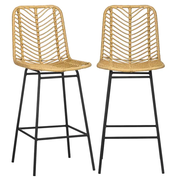 Bancos Altos de Cozinha Conjunto de 2 Bancos de Vime Sintético Bancos de Bar Modernos com Pés de Aço Carga Máxima 120 kg 42,5x52x102 cm Madeira e Preto