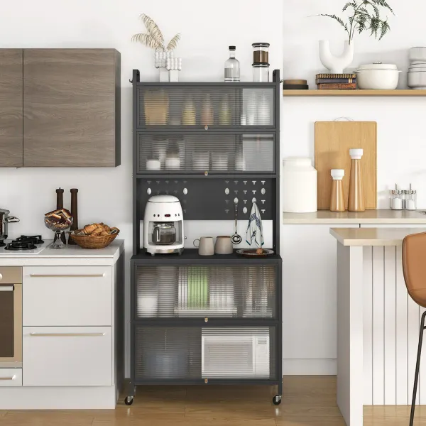 Armario de Cocina de 6 Niveles con Puertas Abatibles Translúcidas y Ruedas