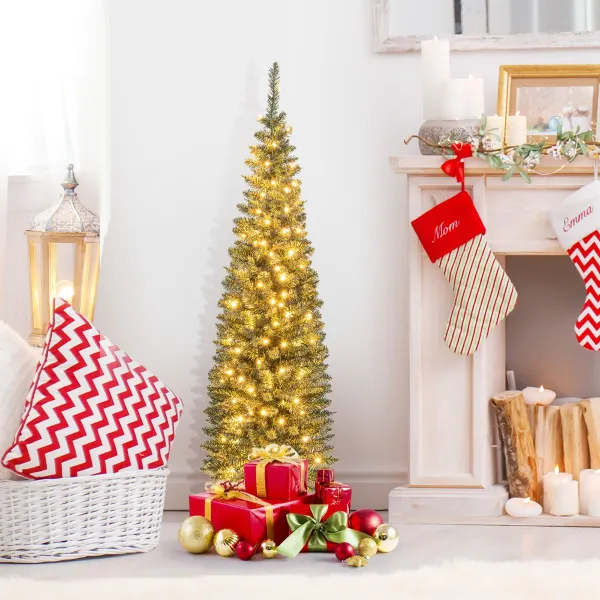 Sapin de Noël Artificiel Préilluminé 150/180cm Forme Crayon avec 150/180 Lumières LED Blanc Chaud
