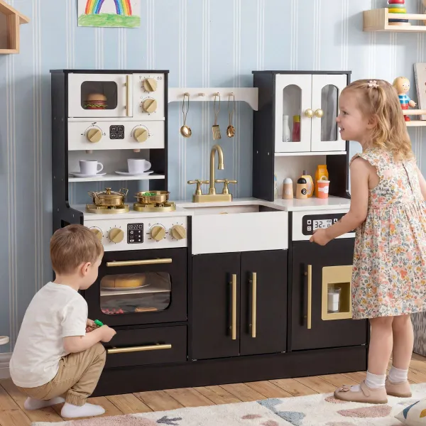 Cuisine Jouet Bois Enfants Lumières Sons Réalistes Cuisinière Évier Four Micro-ondes 3+ Ans Noir