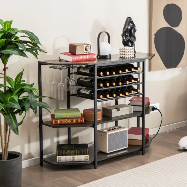 Gabinete de Vinos Estante para Vinos 3 Niveles con Soportes para Vasos Tomas de Corriente Botellero para Bar 120 x 40 x 92 cm
