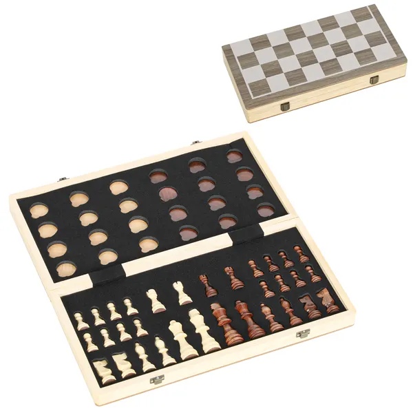Conjunto de Xadrez e Damas em Madeira 2 em 1 Tabuleiro Dobrável com Peças de Pinho e Compartimentos de Armazenamento para Crianças e Adultos 38,5x38,5x2,8 cm Madeira e Branco