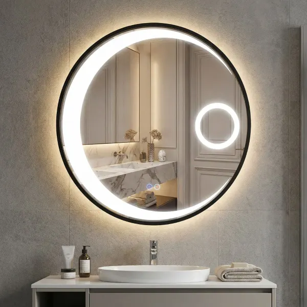 61 cm Espejo LED Redondo para Baño con Función Antivaho, Marco de Aluminio y 3 Temperaturas de Color