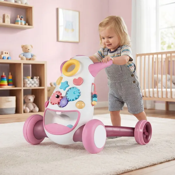 Andador Montessori Bebé con Música Luces Clasificador Formas Engranajes Giratorios Juego Lanzamiento y Almacenamiento Trasero Rosa