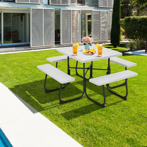 Conjunto de Mobiliário para 8 Pessoas Mesa Redonda com 4 Bancos Orifício para Guarda-sol Capacidade 225 kg