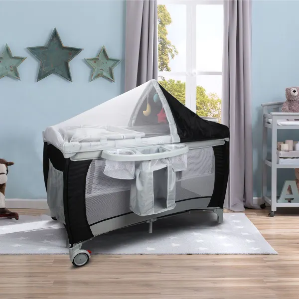 Cama de Viagem 4 em 1 Dobrável com Moisés, Trocador e Centro de Actividades 120x60x76 cm