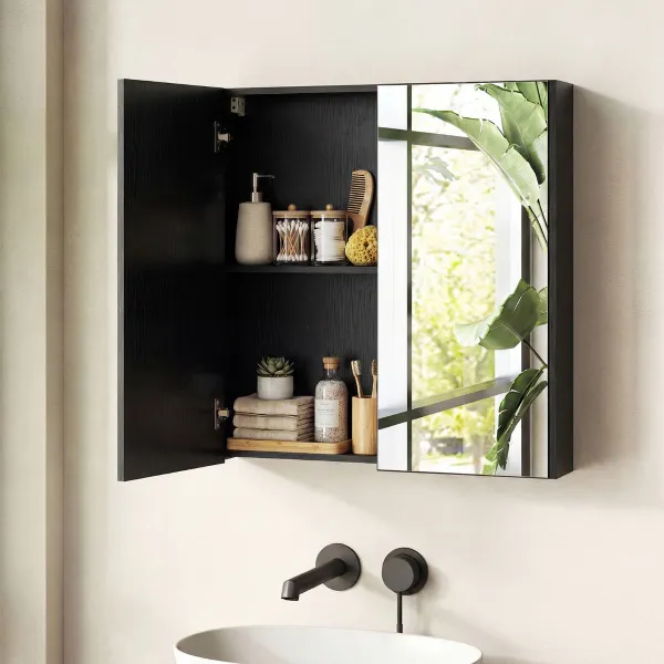 Armario de Baño con Espejo de Pared 2 Puertas 2 Estantes 62x11x65cm Negro
