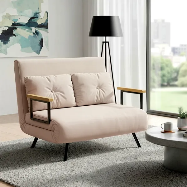 Sofá Cama Sofá Convertível em Cama de 2 Lugares Dobrável com Encosto Ajustável em 5 Níveis e 2 Almofadas Acolchoadas para Escritório Dormitório Sala de Estar 102x73x81 cm Bege