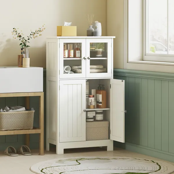 Armario Casa de Baño Móvil Auxiliar con Puertas de Vidrio Temperado y Prateleiras Ajustables para Cocina Sala de estar 60x30x108,5cm Blanco