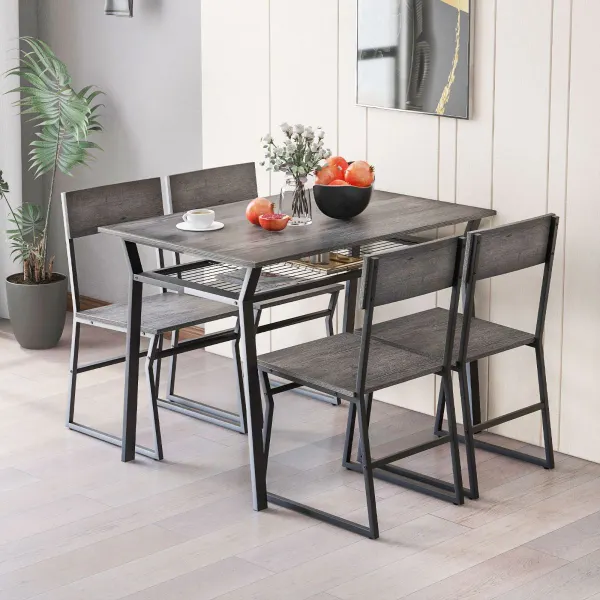 Juego de Muebles de 5 Piezas con Mesa Rectangular Industrial para Comedor 4 Sillas Estante de Almacenamiento y Marco de Metal