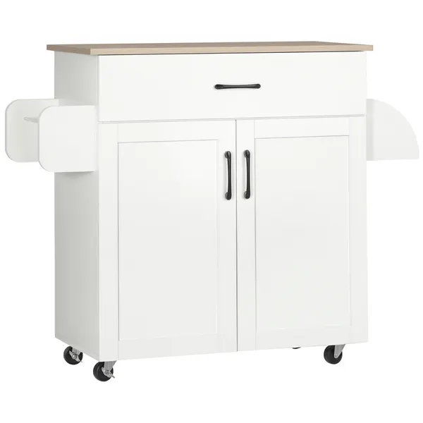 Carrinho de Cozinha com 1 Gaveta 2 Portas Suporte para Panos e Especies Carrinho Auxiliar com Rodas para Sala de Jantar Carga Máxima 105x36x85cm Branco