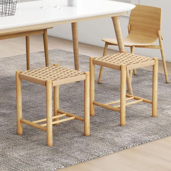 Juego de 2 Taburetes de Bar/Comedor Estructura de Madera Goma Asiento de Papel Tejido sin Respaldo para Cocina Natural