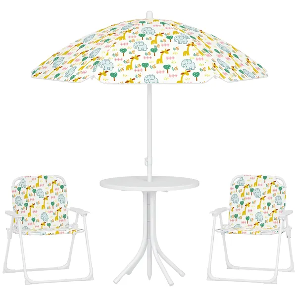 Conjunto Infantil de Mesa y Sillas de Jardín de 4 Piezas Mesa Infantil con Sillas plegables Chapéu de Sol Ajustable Design de Elefantes y Girafas Blanco