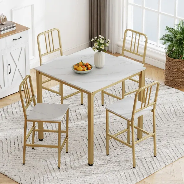 Conjunto de Mesa de Comedor 90x90 Mármol Falso + 4 Taburetes Blanco Dorado