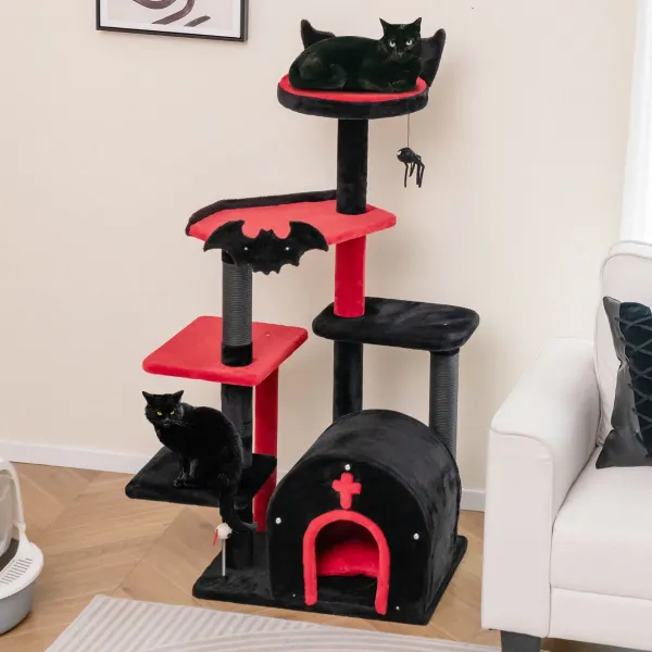 Torre Gotica per Gatti 134 cm con 6 Livelli, Letto Pompom e Palline Interattive Nero e Rosso
