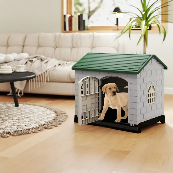 Casa Pieghevole per Cani in Plastica Verde Scuro con Vassoio Igienico Rimovibile