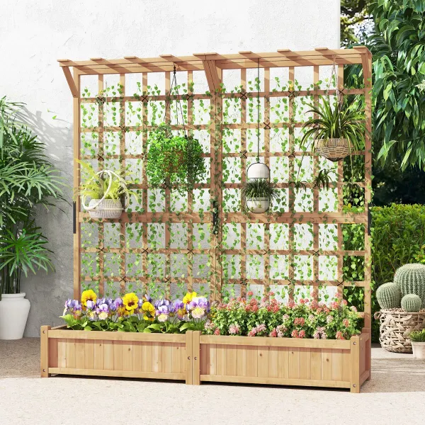 Fioriera da Giardino Rialzata Legno 180cm Traliccio Tetto Sospeso 2 Cassoni