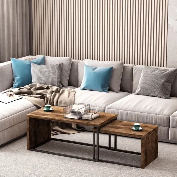 Conjunto de 2 Mesas de Centro Mesitas de Café con Pés de Metal Estilo Industrial para Sala de Estar Sala de Cena 90x48x42cm y 59x42x36cm Marrom Rústico