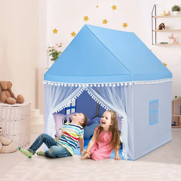 Maisonnette Enfant en Forme de Tipi avec Structure Bois et Couverture Coton Bleu 120x105x140cm