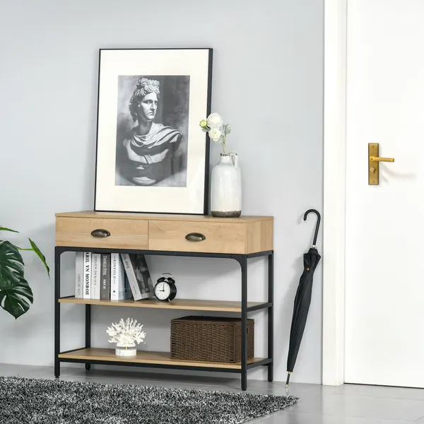 Mesa Consola Mesa de entrada estrecho con 2 Gavetas y 2 Estantes de almacenamiento Estructura de Acero para Corredor Entrada Sala de Estar 100x35x79,5cm Carvalho y Negro