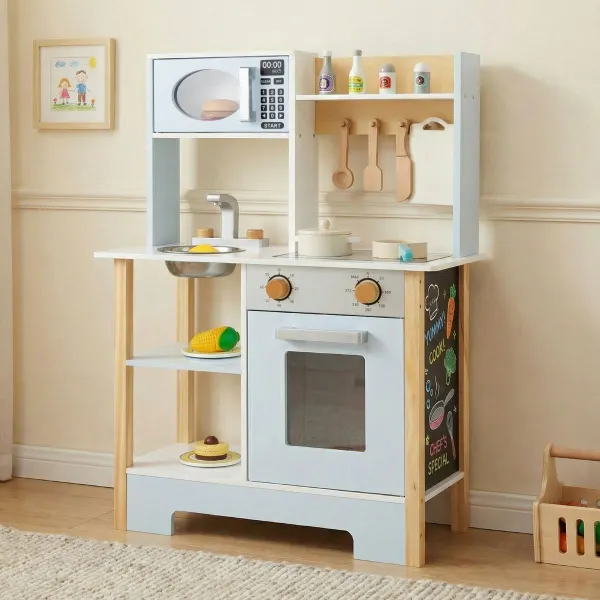 Cocina de Juguete para Niños Juego de Cocina de Madera con Pizarra Microondas Estufa Escurridor Grifo y Fregadero para 3+ Años Azul