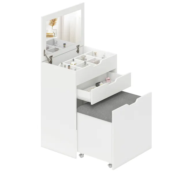 Toucador com Banco Oculto e Espelho Rebatível Mesa de Maquilhagem com Gaveta e 7 Compartimentos Banco Acolchoado com Armazenamento para Espaços Reduzidos Vestuário Branco