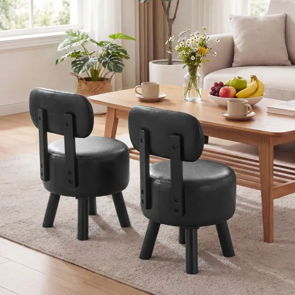 Jogo 2 Taburetes Redondos Estofados com Encosto Pernas Madeira Borracha Espuma Densa 150kg Preto