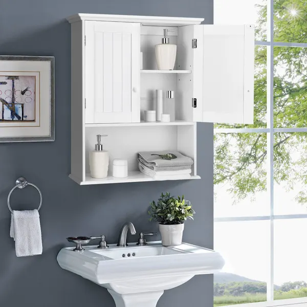 Armadietto da Bagno a Muro con 2 Ante Ripiano Regolabile in Altezza Bianco 60x20x70,5cm