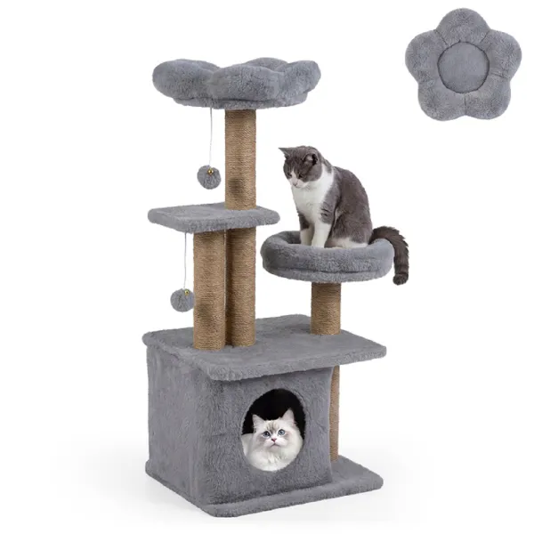 Torre para Gatos com Poleiro em Flor Acolchoado, Condomínio e 2 Bolas Cingidas - Cinzento