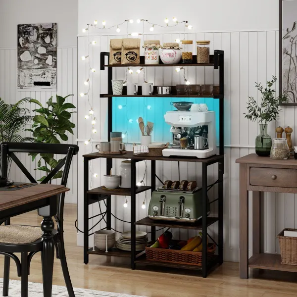 Estante para Micro-ondas 5 Níveis com Carregamento e LED RGB 90×40,5×147cm