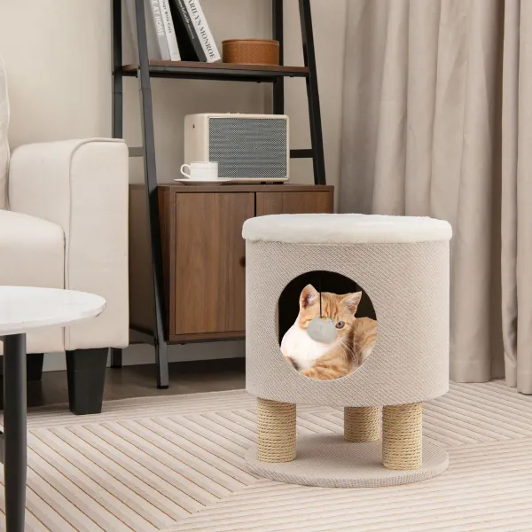 Ottoman Maison Chat avec Poteaux Griffoirs et Balle Peluche 40x40x47 cm