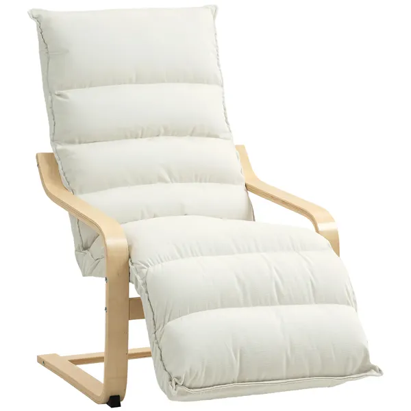 Poltrona de Sala com Apoio para os Pés Ajustável, Poltrona Estofada em Veludo, Estrutura de Madeira, Poltrona de Relaxamento para Quarto, Escritório, Estúdio, 67x93x105 cm, Creme
