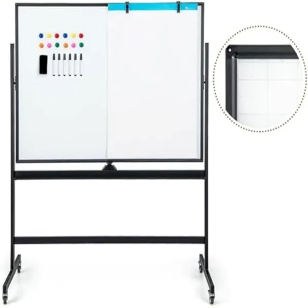 Pizarra Blanca Móvil Magnética Doble Cara 120x90cm Ruedas 360° Altura Ajustable 161-181cm