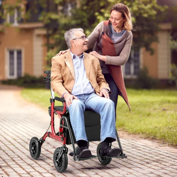 Deambulatore Rollator Pieghevole 2 in 1 con Seduta, 6 Livelli di Altezza, Schienale Ergonomico