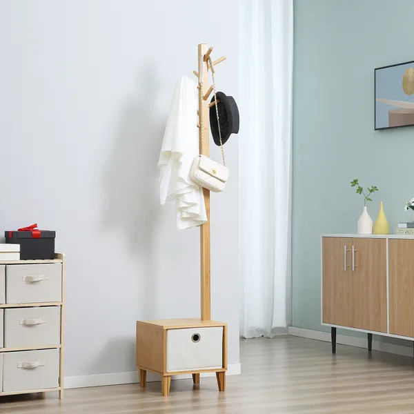 Cabide de Pé de Bambu com Banco Gaveta de Tecido e 8 Ganchos para Pendurar Roupa Bolsas Casacos para Entrada Sala de Estar Corredor 35x35x177cm Natural