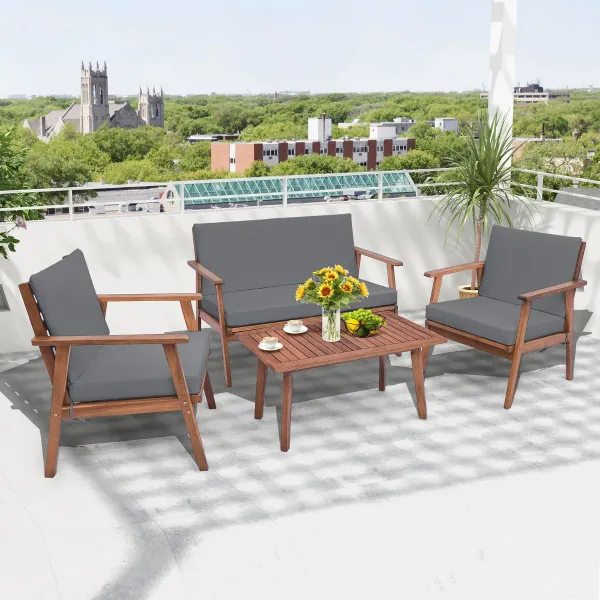 Set Arredo Giardino 4 Pezzi Legno Acacia - 2 Poltrone, Divano 2 Posti, Tavolino Grigio