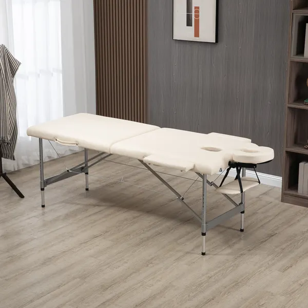 Marquesa plegable Mesa de masaje portátil con altura ajustable en 7 Posiciones Apoyo a la Cabeza y Estructura de Liga de Aluminio para Fisioterapia Carga 130kg 186x71x62-83cm Bege