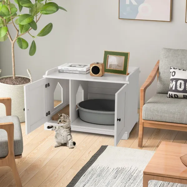Maison pour Chat avec Séparateur Ajustable et Griffoir 75x51x53cm Blanc
