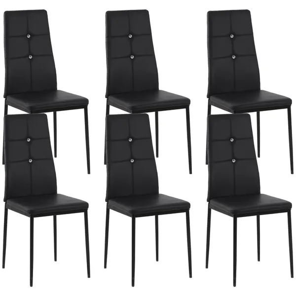 Conjunto de 6 Cadeiras de Sala de Jantar Estofadas em PU Cadeiras de Cozinha com Encosto Alto com Botões e Pernas de Aço Desenho Moderno para Sala de Estar Quarto 41x50x97 cm Preto