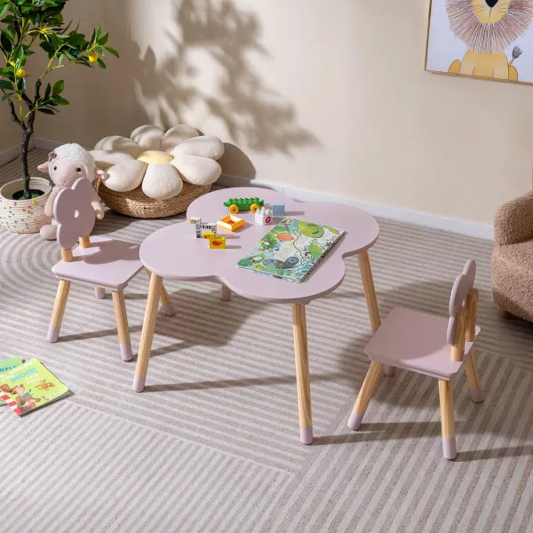 Mesa Flor com Actividades e 2 Cadeiras Infantis Pinho Maciço Rosa e Natural 3+