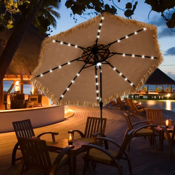 313 cm Sombrilla con Luces LED Inclinación Manivela Estilo Hawaiano Paja de PE