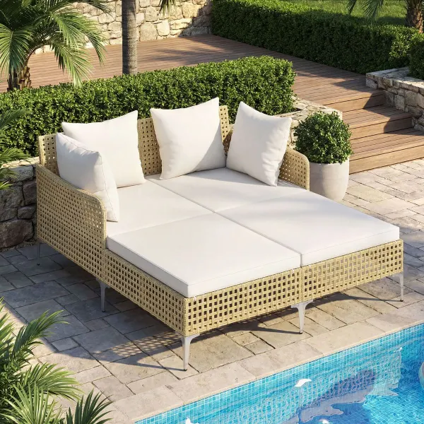 Méridienne Double en Rotin pour Extérieur 2 Personnes avec Coussins Crème Support Métallique