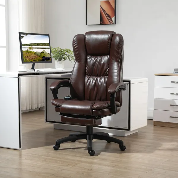 Sedia per ufficio girevole con altezza regolabile 6 punti di massaggio telecomando e supporto per piedi retrattili 68.5x68.5x113-121cm marrone