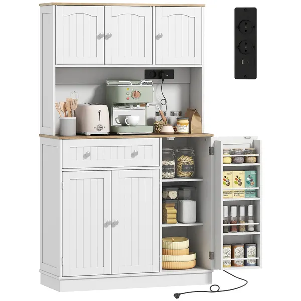 Armário de Cozinha Alto com Estação de Carregamento Móvel Auxiliar de Cozinha 6 Portas 1 Gaveta Prateleiras Ajustáveis 4 Prateleiras para Especiarias Bancada Ampla para Sala de Jantar 100x40x173 cm Branco