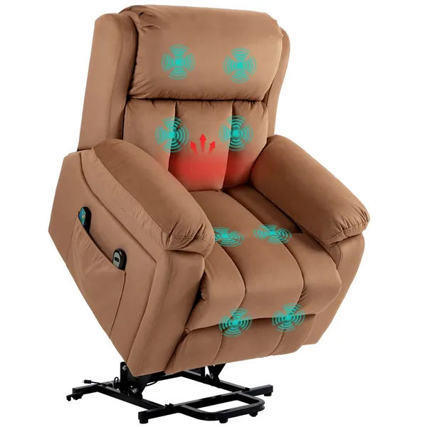 Poltrona Relax Levanta Pessoas Elétrica Poltrona Elevatória com 8 Pontos de Massagem Poltrona Reclinável com Função de Aquecimento Controlo Remoto e Bolso Lateral Marrom