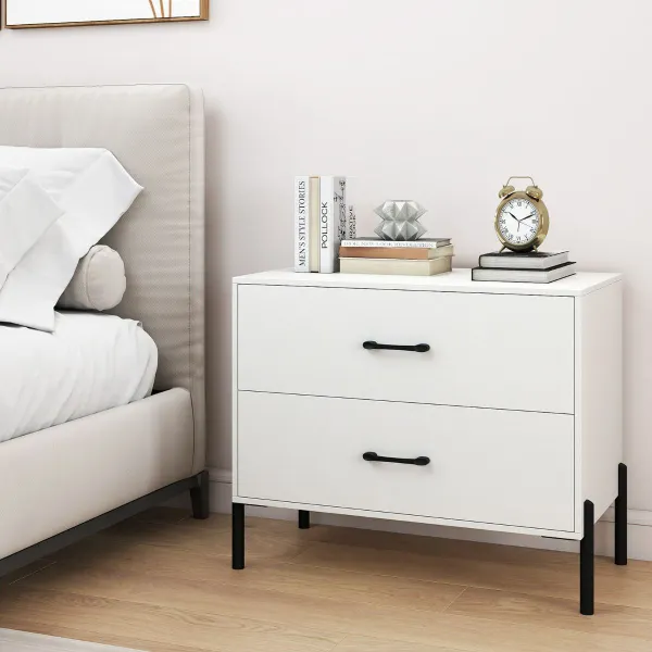 Cómoda 2 Cajones Blanca Moderna - Mesa Auxiliar Compacta con Patas Metal