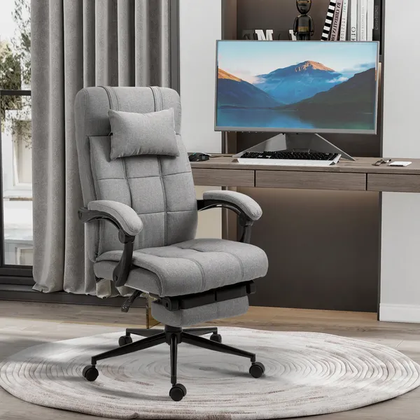 Silla de oficina Reclinable Giratoria Revestida en Linho Sintético Altura ajustable con apoyo a Pés, Cabeza y Braços Carga Máxima 150 kg para Oficina 66x76x112-120 cm Cinzento