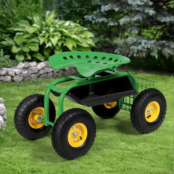 Carrinho de Jardinagem com Rodas, Assento Ajustável e Cesto de Armazenamento